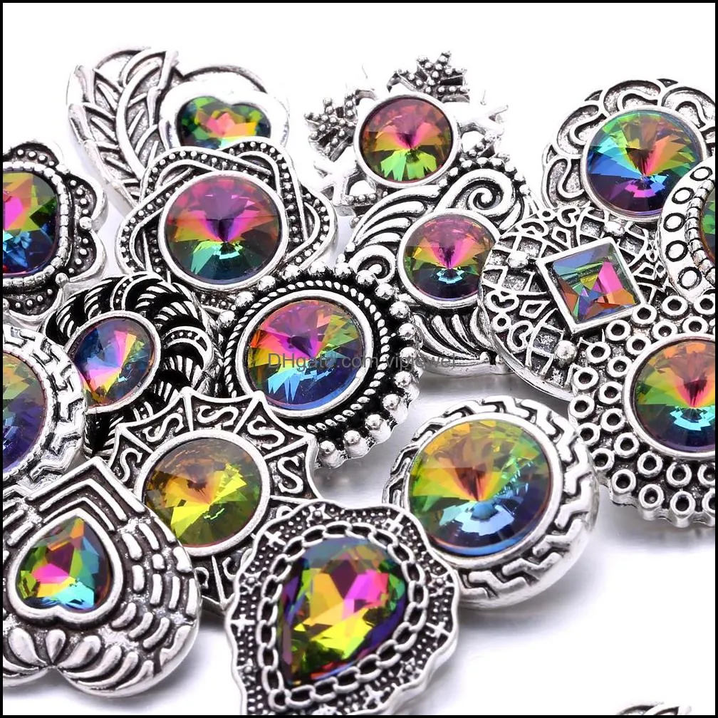 Klamry Haczyki Odkrycia biżuterii Komponenty Style Vintage Colorf Rainbow Crystal 18 mm Snap Button dla przycisków Snaps Dhttw