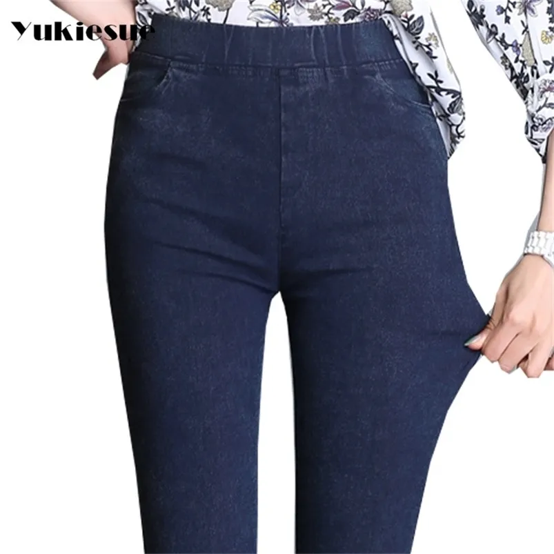 Ny smal stretch hög midja mager jeans kvinnliga repor vintage svart blå blyerts byxor kvinnor jeans mamma plus storlek 4xl 5xl 6xl 210412