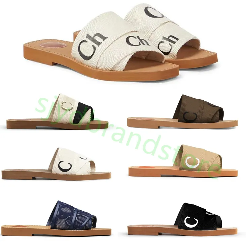 Designer Woody tofflor Dam Platta Sandaler Mode Spets Graverad Tyg Canvas Sommar Outdoor Tofflor