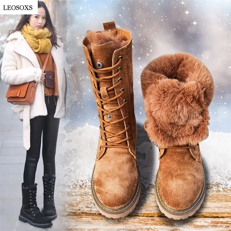 LEOSOXS Wedge Shoes Genuine Leather Snow Boots Woman Winter Boots Winter Warm Womens Shoes MidCalf Ladies Platform Booties 41 201028