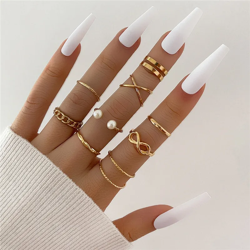 9pcs Punk Gold Wide Chain Rings Set For Women Girls Fashion Irregular Finger Thin Gift Female Knuckle Jewelry Party 220719