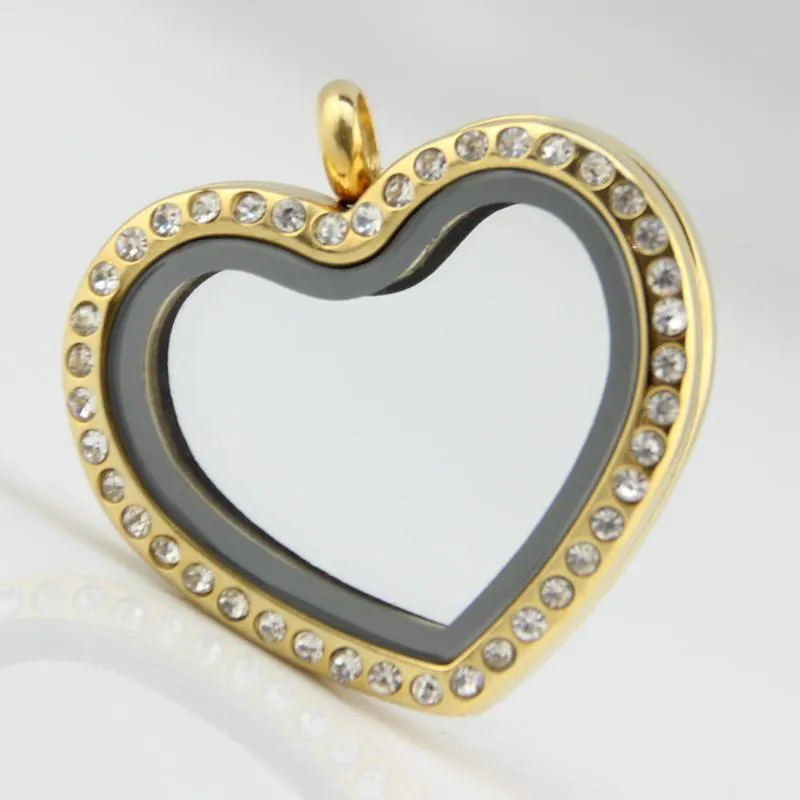 Pendant Necklaces Gold Heart Floating Locket With Rhinestones 316L Stainless Steel Living Memory PendantPendant