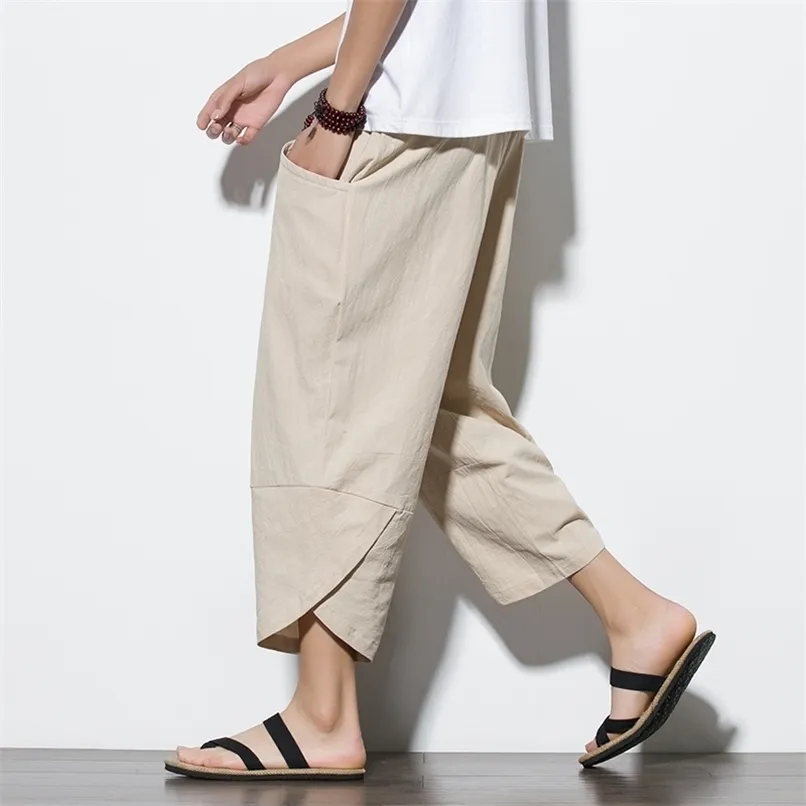 Män kinesisk stil bomullslinne harem korta byxor män retro streetwear strand shorts manlig casual calflenght byxor 220817