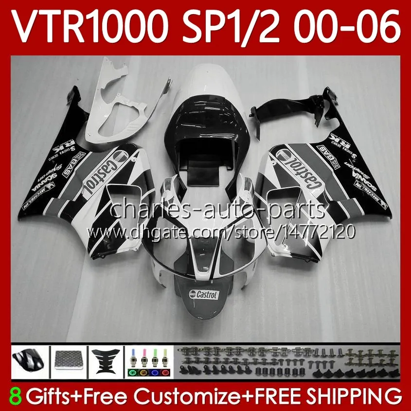 Kropps kit för Honda VTR1000 Vit svart RTV1000 RC51 00 01 02 03 04 05 06 Kroppsarbeten 123NO.69 VTR 1000 SP1 SP2 2000 2001 2002 2003 2004 2005 2006 VTR-1000 2000-2006 FAIRING