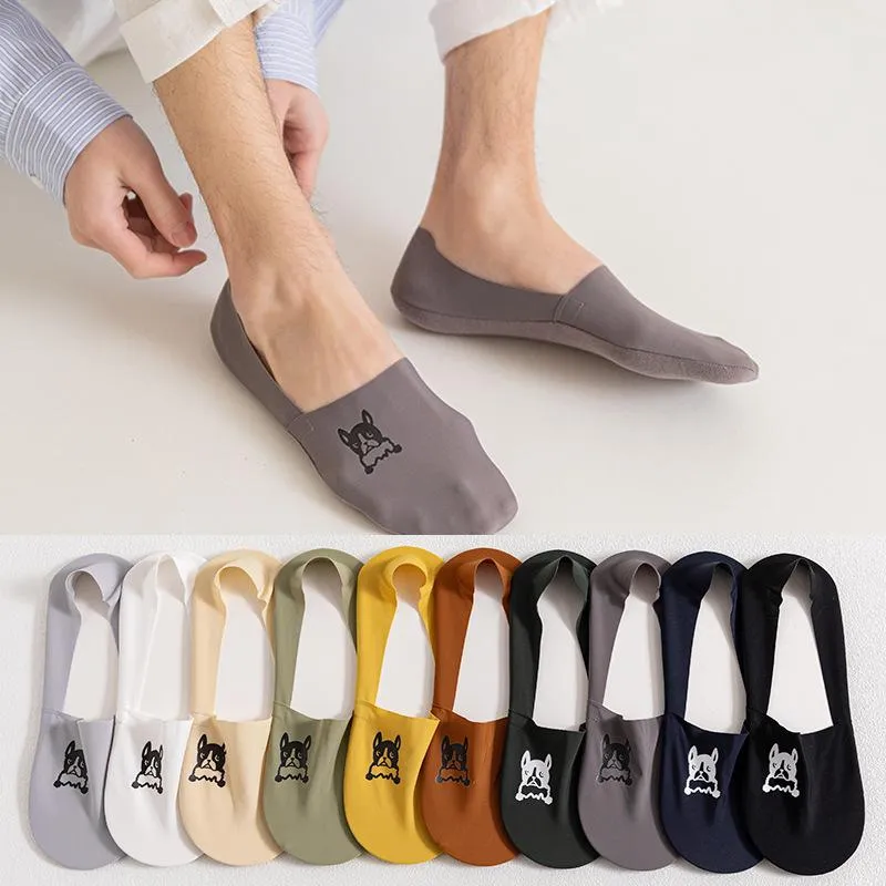 Men's Socks Lce Stockings Men's Solid Color Breathable Invisible Heel Silicone Non-Slip Cartoon Puppy Cotton Factory WhMen's