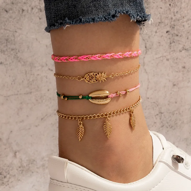 15 braccialetti alla caviglia stile per donna Estate conchiglia nappa tessuto colorato perlina catena del piede gioielli bohémien