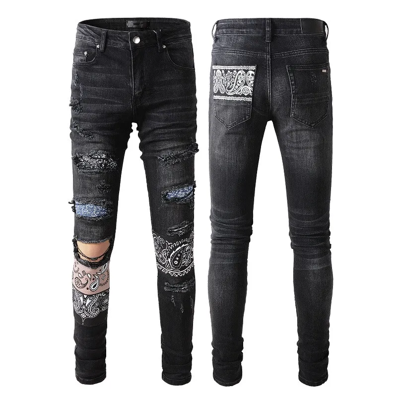 Mens Designer Skinny Rip Jeans for Man Slim Black Biker Jeans Straight Hip Hop Stretch Distressed Motorcycle Patch Denim Regular Rock Fit Size 40 with Hole Pants