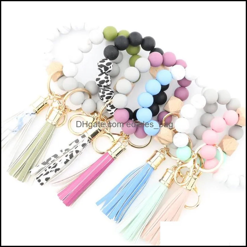 14 colors silicone key ring bracelet beaded wrislet keychain portable house car keys holder with tassel keyring bangle for women girl keychains wristlet