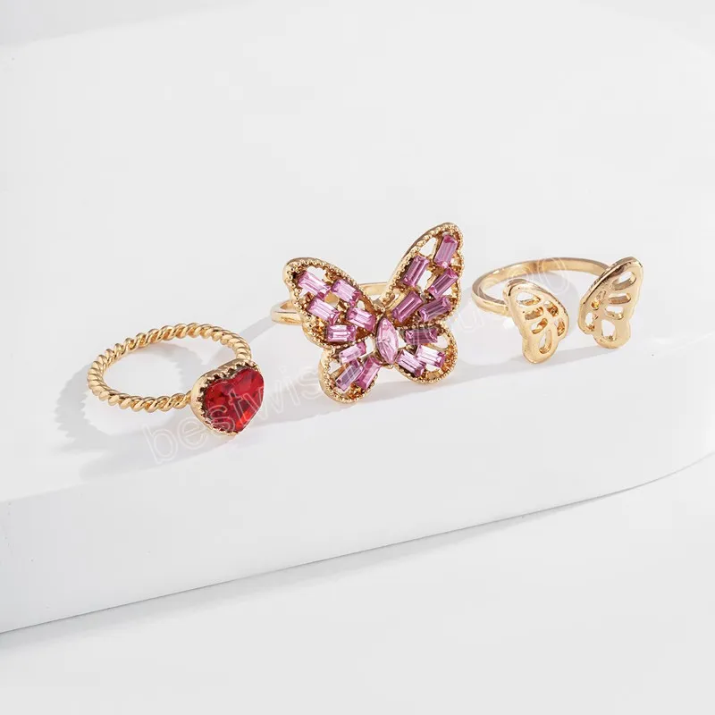 3 sztuk / zestaw Rhinestone Metalowe Butterfly Pierścień Kobiety Moda Romantyczny Kryształ Kierownicy Pierścionki Złoty Dziewczyna Biżuteria Party Prezent