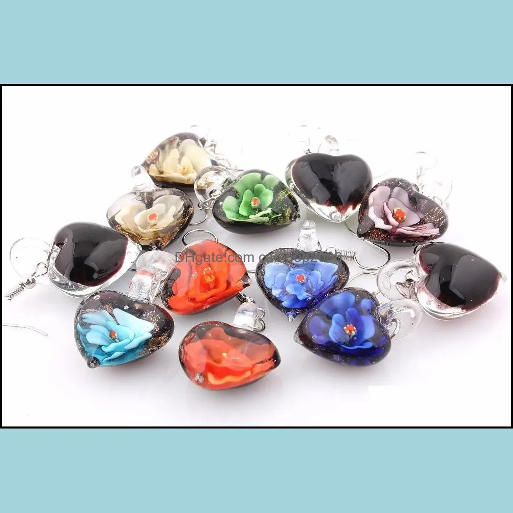 fashion women wholesale 6pairs earrings handmade murano lampwork glass mixed color black snacks charms beauty silver plated heart