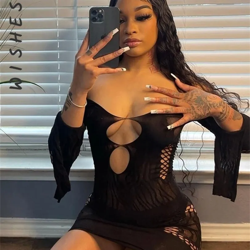 2022 Summer Harajuku Club sundress robe Sexy Slant Shoulder Bodycon Mini Dress with Cut Out Print and Long Sleeves for Women s Party and See Through Vestidos 220507