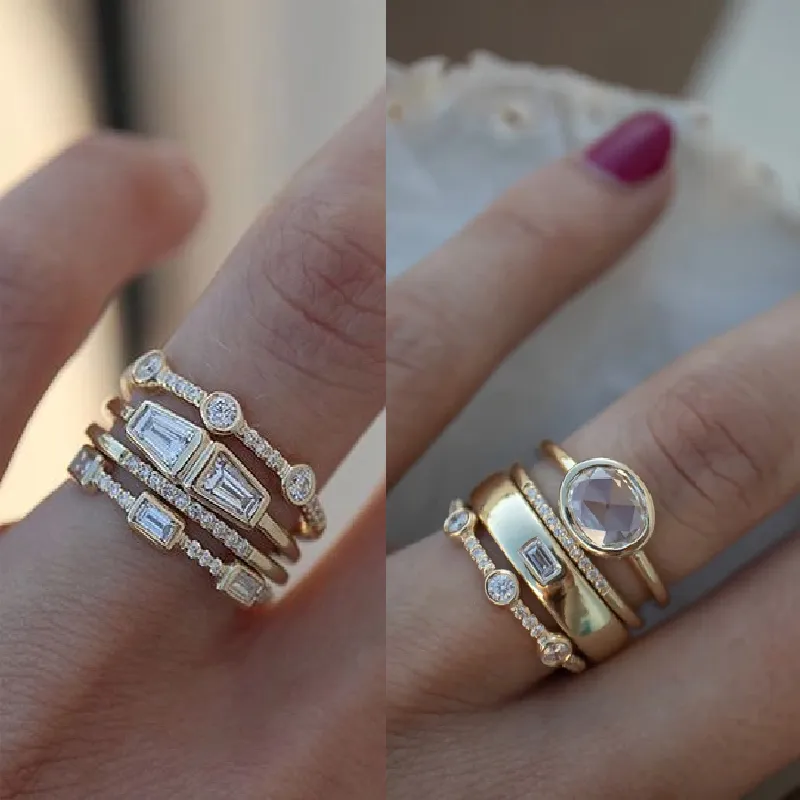 4 datorer Set Geometric Gold Color Combination Round Zircon Crystal Rings uppsättning för kvinnor Engagement Party Wedding Hand Jewelry 220719