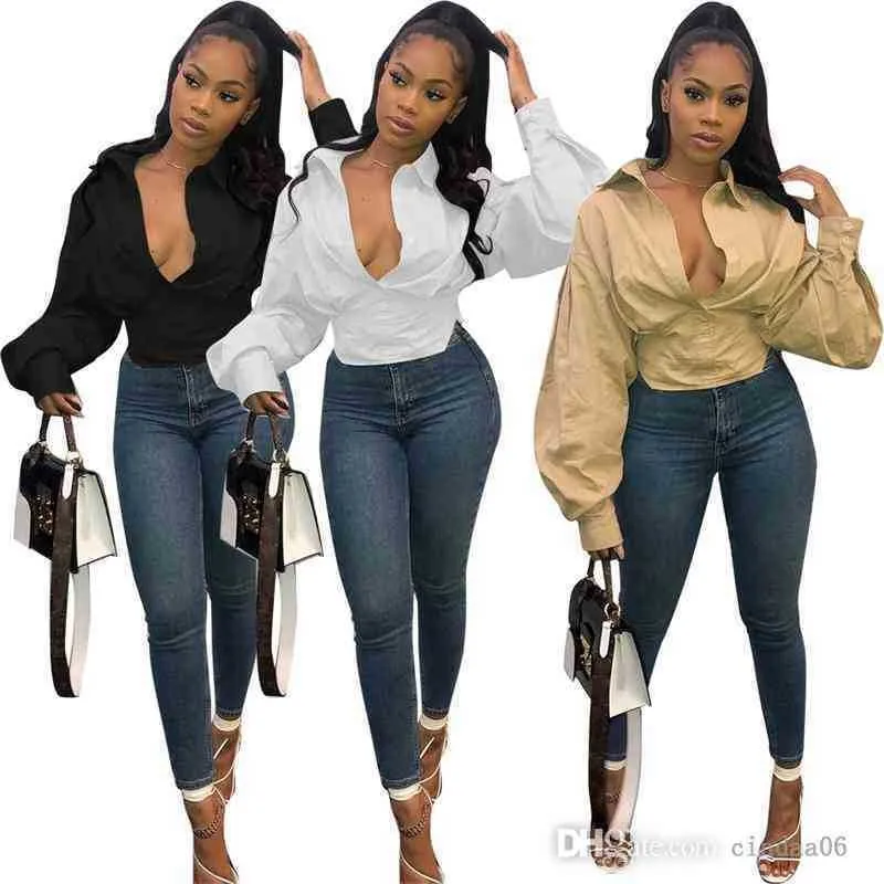 Plus Size S-3XL 2022 Designer Womens Camisa Moda Slim Lanterna Sleeve Top Sexy V-decote Longa Manga Ladies Roupas S-XXXL