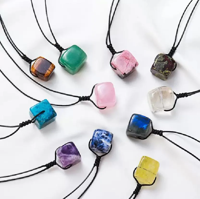 natural stone pendant square cubic rose quartz crystal necklace healing amethyst lapis for women men jewelry