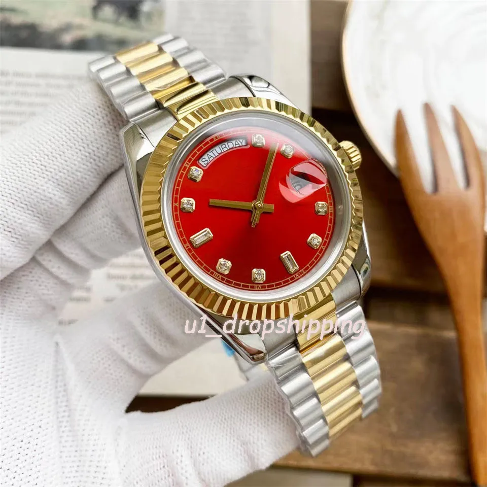 Mens Automatic Mechanical Watch Red Dial 41mm Watches Silver/Gold rostfritt stål Strap Date Day Watch Diamond