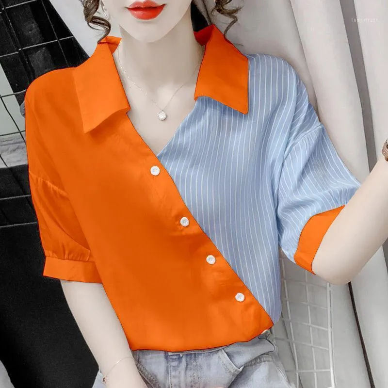 Women's Polos Striped Stitching Temperament Chiffon Shirt Summer Loose And Thin Short-sleeved Contrasting Large Size Korean Version