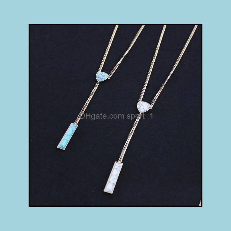 Fashion Natural Stone White Turquoise Necklace Gold Metal Long Chain Sweater Statement Necklace for women jewelry