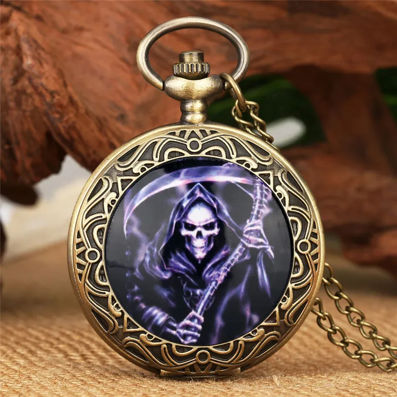 Cool Skull Pocket Watch Unisex Antique Quartz Analog Display Clock with Arabic Number 80CM Necklace Chain Retro Collectable Timepiece