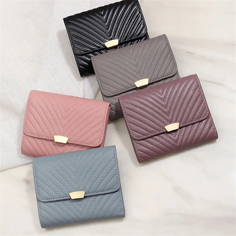 Coin Purses 2022 Korean Fashion Cowhide Small Three Fold Short Wallet Trend 100 Take Top Layer Cowhide Ladies Wallets