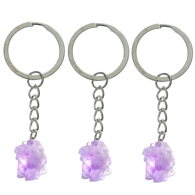 Natural Stone Amethysts Crystal Quartz Keychain Crystals Keychain Bead Pendant Keyrings Key Ring Bag Accessories Jewelry