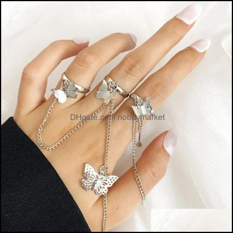 Butterfly Hip Hop Rings Multi-layer Adjustable Chain Two Open Finger Rings Alloy man Rotate Rings for Women Party Gift