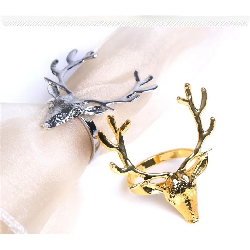6pcs altın gümüş geyik kafa peçete tokası Noel geyiği peçete yüzüğü otel dekoratif ağız bez tokası metal peçete yüzüğü 201124
