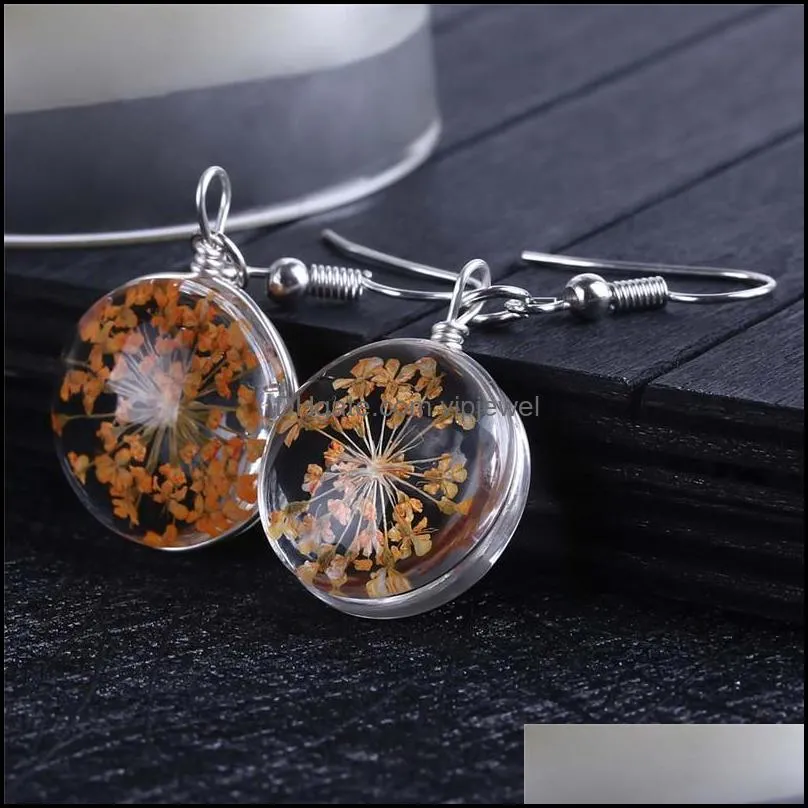 trendy plant dry flower dangle earring colorful dried flowers glass ball earrings for women girls valentine`s day jewelry gift