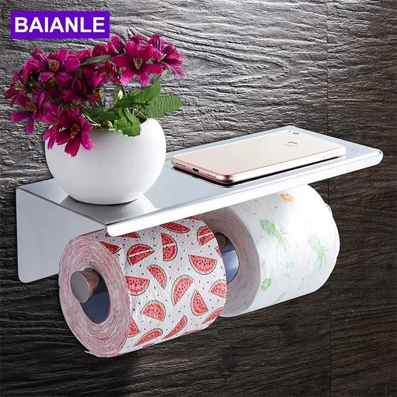 Badezimmer-Toilettenpapierhalter mit Ablage, Edelstahl-Doppelrollenpapierhalter, Wandmontage, dekorativer Papierhandtuchhalter-Rack T200425