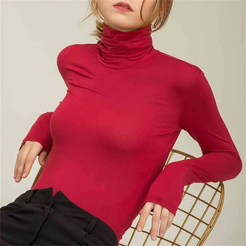 Chohill Fall Slim Fit Autumn Curical Modal Base Leng Sleeve Tshirt Women Turtleneck女性用エレガントなソリッドカラートッププラスサイズ210322