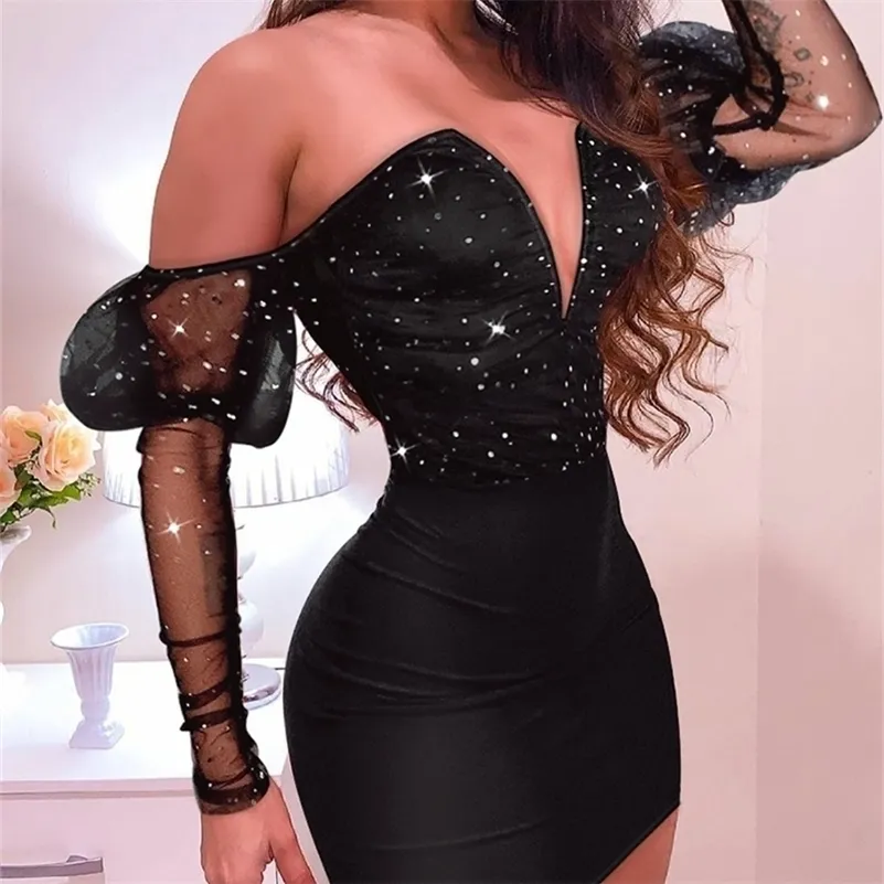 Kvinnor Bodycon Dress Sexig Off Shoulder V Neck Night Club Mini Dress Glitter Mesh Splicing Party Dress 220316