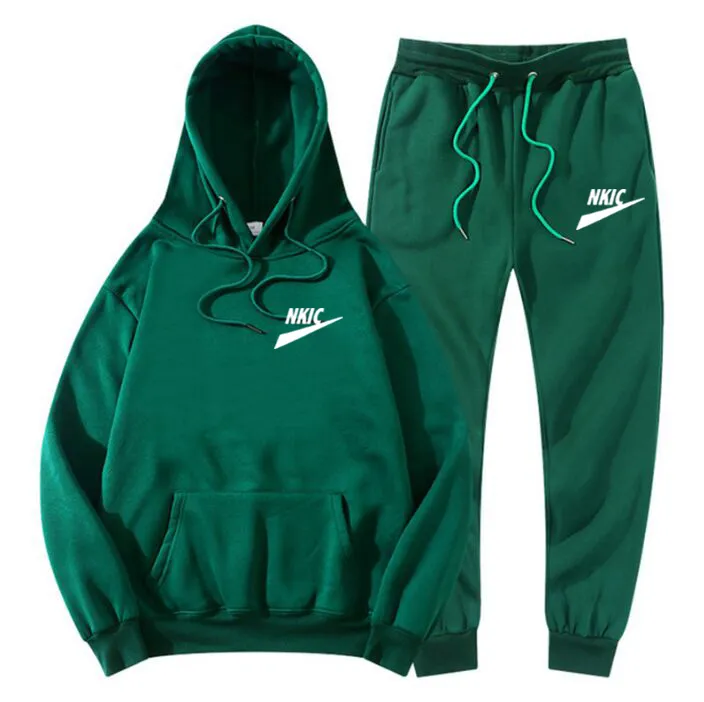 Vår Höst Brand Logo Tracksuit Men's 2 Piece Warm Fashion Casual Long Sleeve Oversized Green Hoodie Sweater Top + Sportbyxor