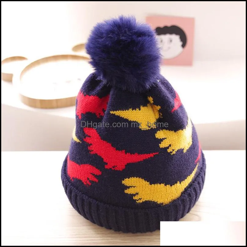 m340 new autumn winter baby kids hat wool ball cartoon dinosaur knitted cap boys girls warm beanie children hats