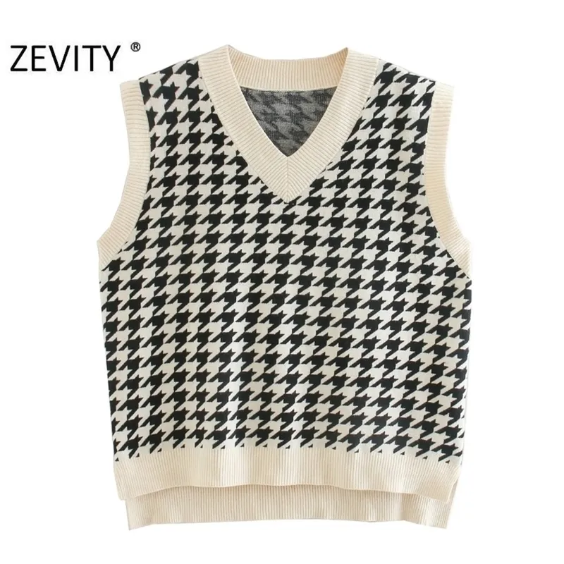 Zevity femmes Vintage col en V pied de poule impression tricot gilet pull femme côté fendu pull Chic loisirs pull hauts S448 201221