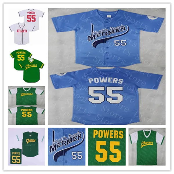 Hommes Kenny Powers Atlanta # 55 Baseball Maillots Film Blanc Vert Bleu Mexicain Charros Cousu Jersey Taille S-3XL