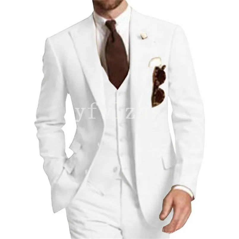 Stilig vit mans kostymer topp lapel brudgummen smoking brudgummen bröllop/prom/middag man blazer jacka byxor väst slips n068