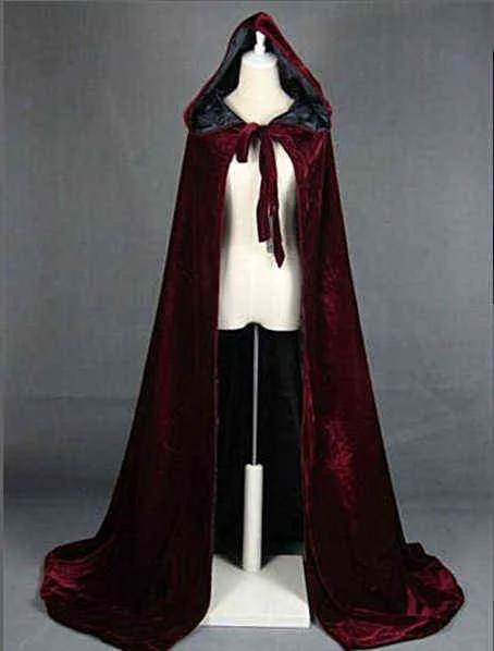 Hooded Cloak Long Velvet Cape Robe Green Black Red Halloween Carnival Purim Coats Medieval Witch Wicca Vampire Come For Adult L220714