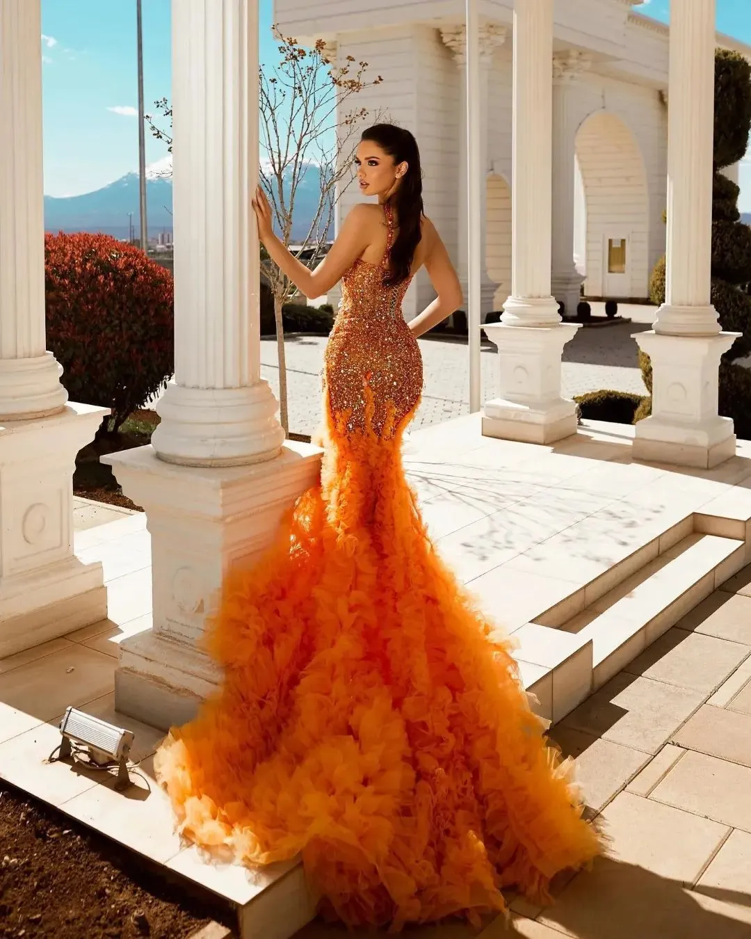 Orange Sequined Orange evening gown with Tiered Ruffles, Crystals, Beaded Split, and Sweetheart Neckline - Perfect for Formal Events and Parties