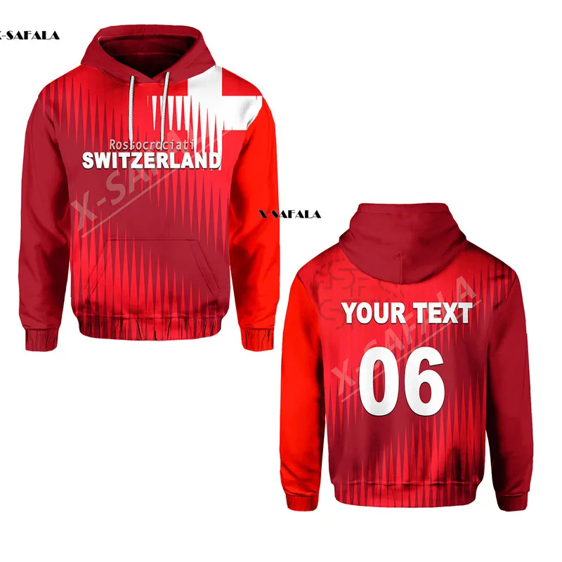 İsviçre Futbol Spor Özel Adı 3D Baskı Fermuarı Hoodie Erkekler Pullover Sweatshirt Sweatshirt Kapüşonlu Jersey Takipler Out Gare Ceket 220704