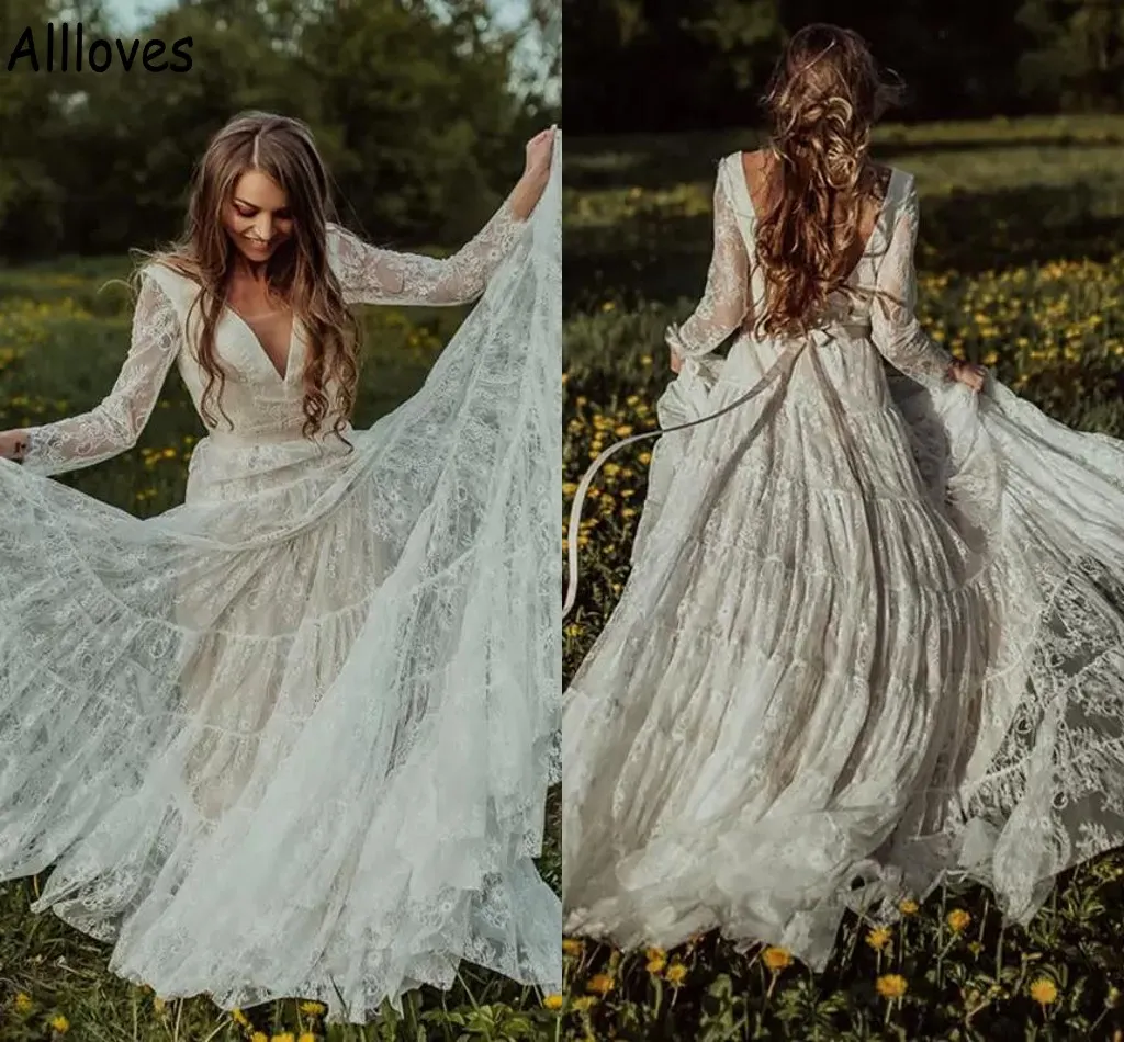 Bohemian Stylish Full Lace Country Wedding Gowns with Long Sleeves Sexy V Neck Backless Boho Bridal Dresses A Line Sweep Train Rustic Brides Robes De Mariee