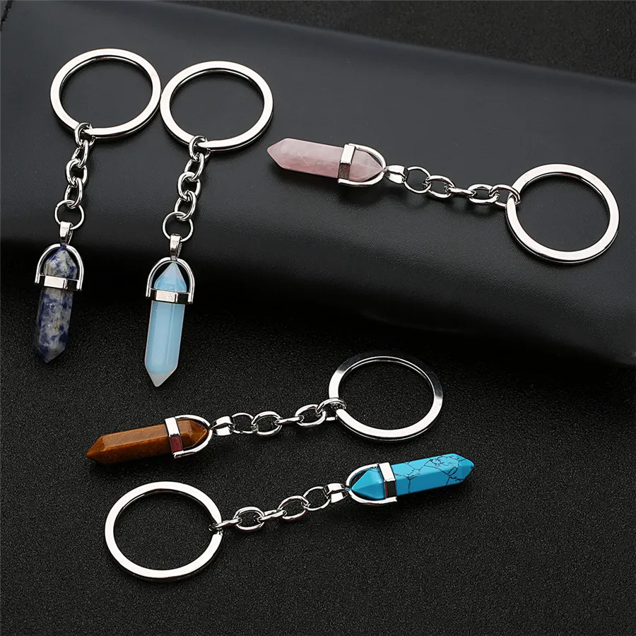 Porte-clés en pierre naturelle guérison Hexagonal pointu Reiki Chakra pierre gemme pendentif en cristal porte-clés pour femmes filles