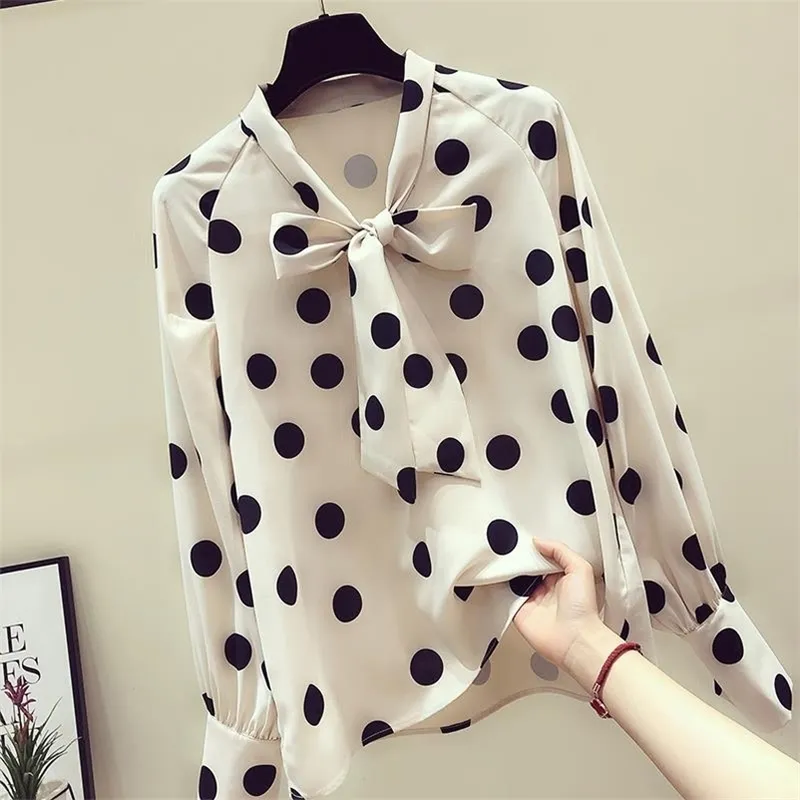 Kobiety Spring Autumn Style Szyfonowe Bluzki Koszulki Lady Casual Sowić Kllar Polka Drop Printed Blusas Tops DF3013 210401