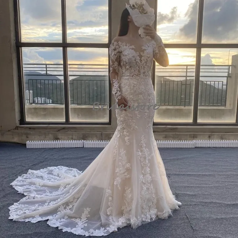 Chic Lace Mermaid Boho Wedding Dress 2022 Long Sleeve Backless Bohemian Wedding Gowns Trumpet Train Garden Country Bridal Dresses Women Robe De Mariée