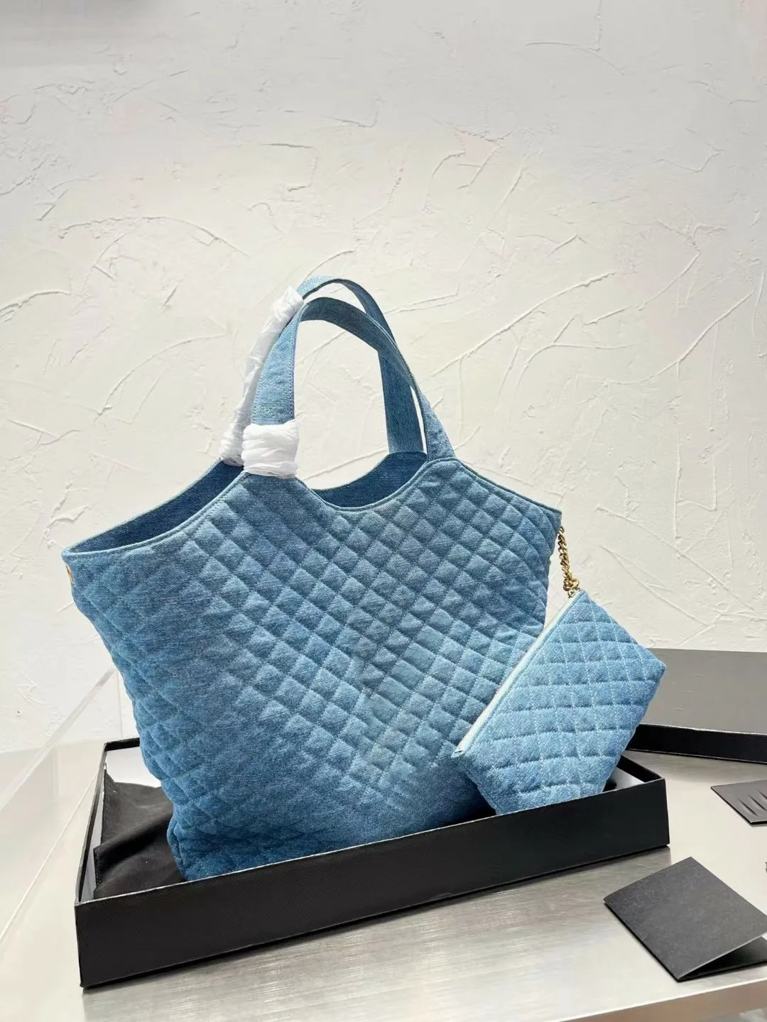 Designer Icare Denim Diamond Lattice Tote Bag With Double The Strap And