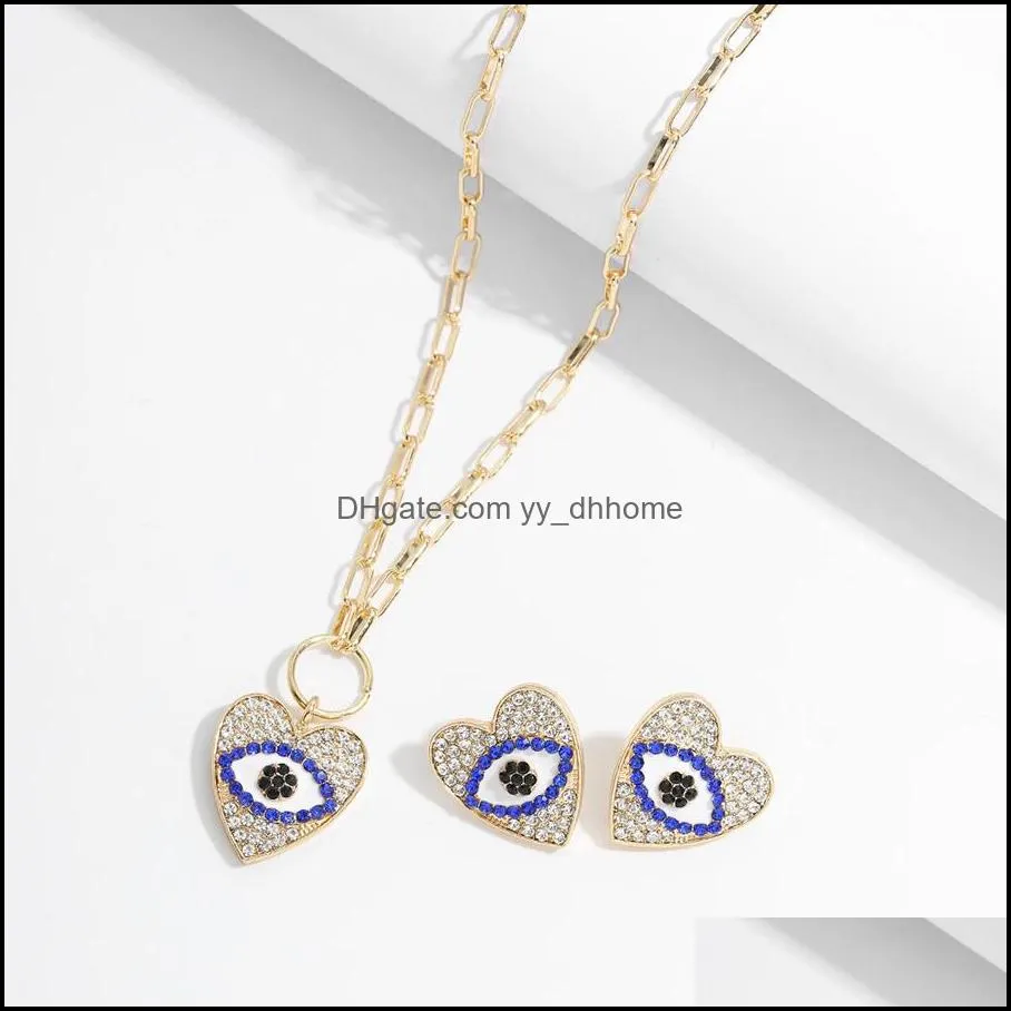 High-end Angel Eye Pendant Necklaces Earrings Set Simple Retro Diamond Clavicle Chain Alloy Rhinestone Earring French Devil Eyes Ear Jewelry Gift Bar