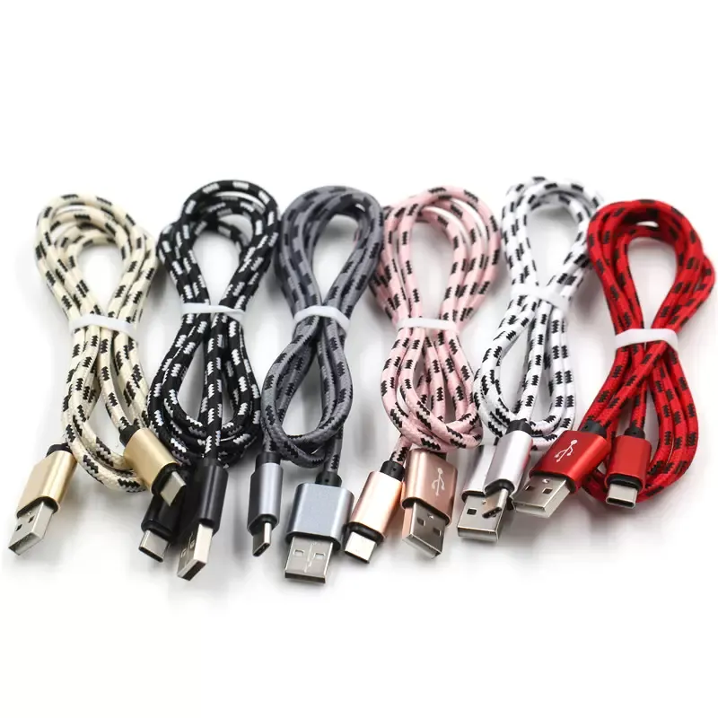 1m3ft, 2m6ft, 3m10ft Universal Android Kable Dual Color Tkanina Braid Micro USB Typ C Ładowarka Nylon Kabel Nylonowy Mocna adapter Metalowy Przewód 1,5 m Kabel