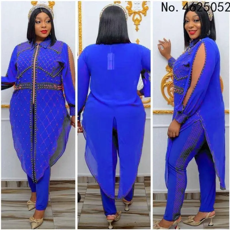 Ethnic Clothing Plus Size Women African Clothes 2 Piece Set Dashiki Diamond Tops Pants Trousers Suits Africa Party Dresses For Lady Outfits