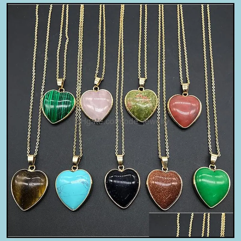 gold heart shape healing reiki stone pendant women jade crystal semi-precious agate necklace energy jewelry