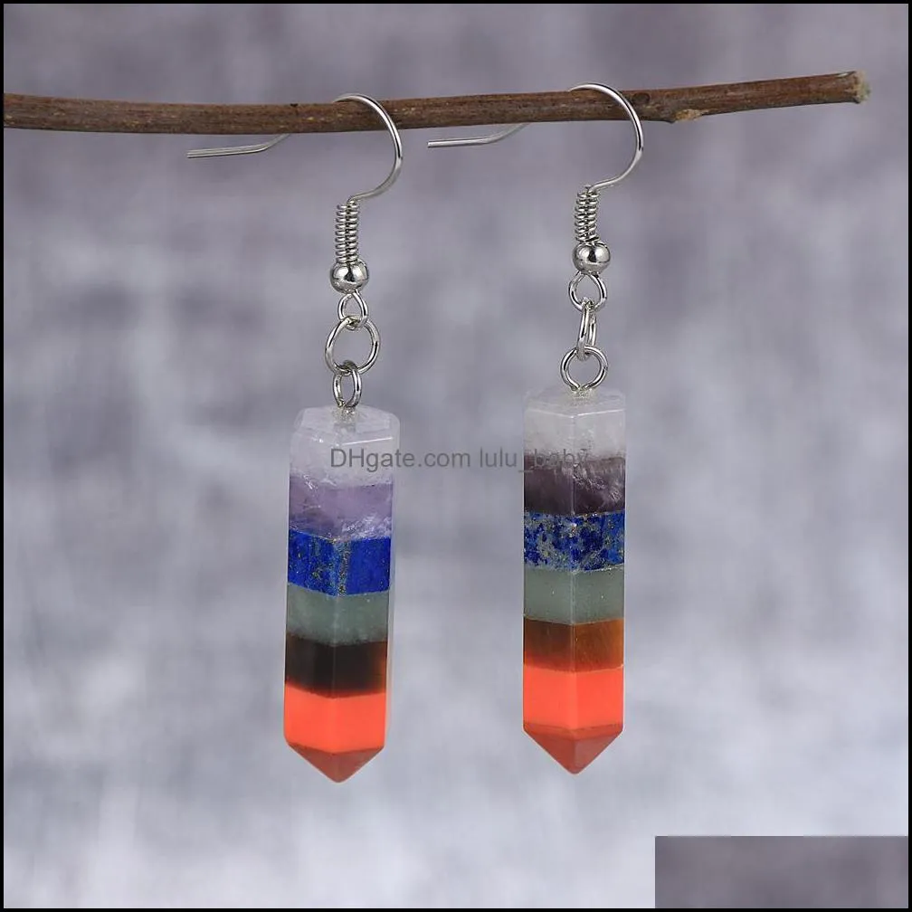 women 7 chakras natural stone charms hexagonal bullet dangling earring colorful gem stones hanging reiki yoga healing earring lulubaby