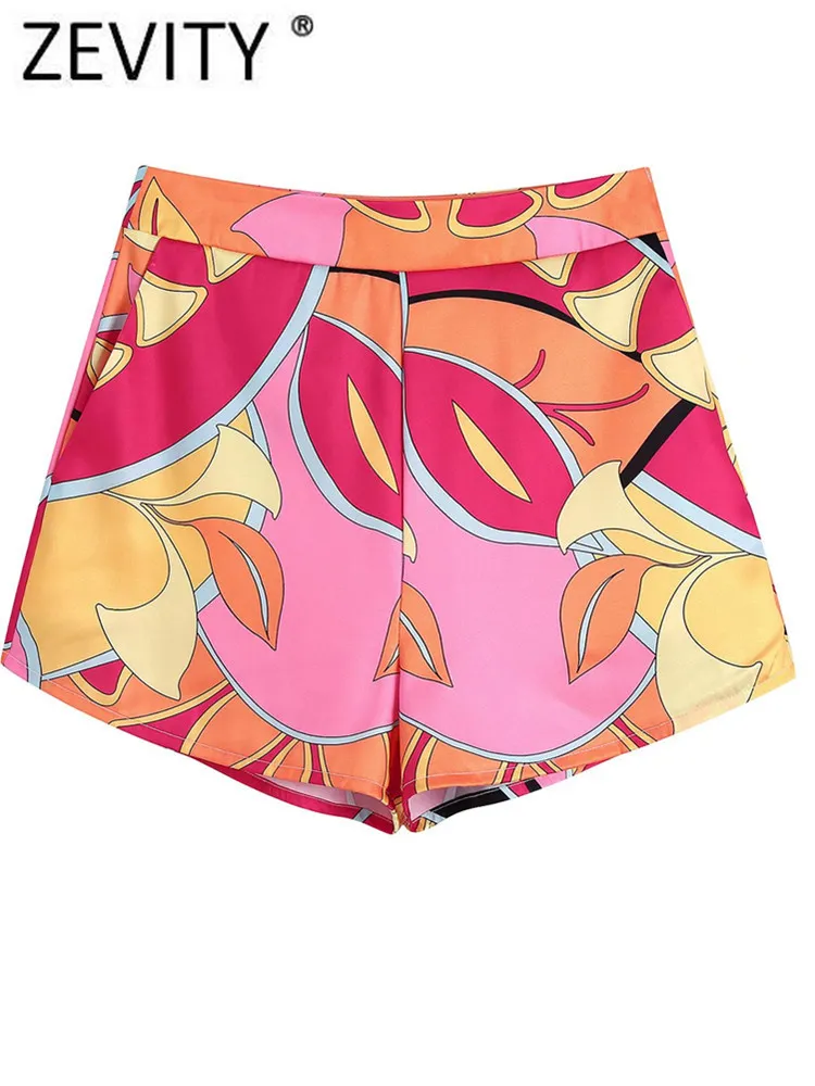 Zevity Women Vintage Tropical Leaves Printing Bermuda Shorts Lady Side Zipper Casual Slim Chic Pantalone Cortos P652 220602