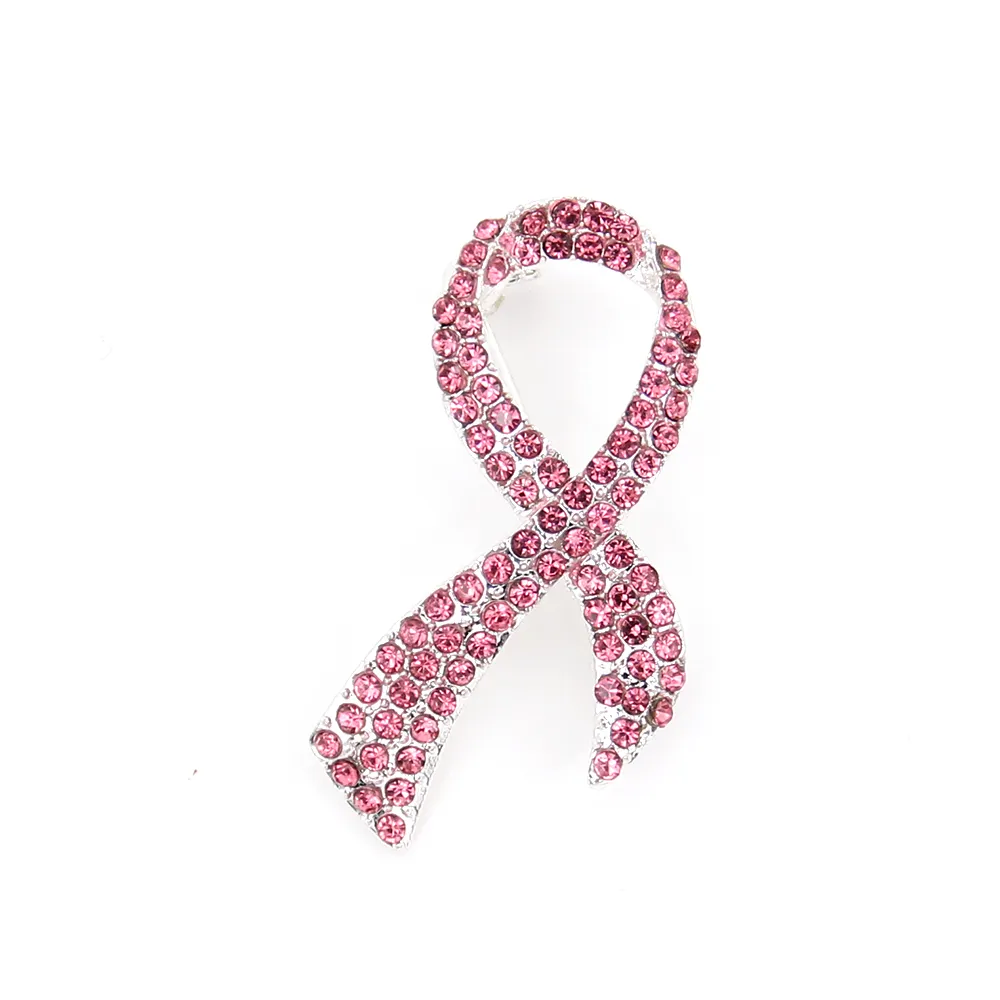 10 Pcs/Lot Pink Rhinestone Brooches Ribbon Shape Breast Cancer Awareness Medical Pins